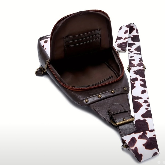 Vegan Leather Studded Vintage Cow Print Crossbody Bag - Picture 3 of 10